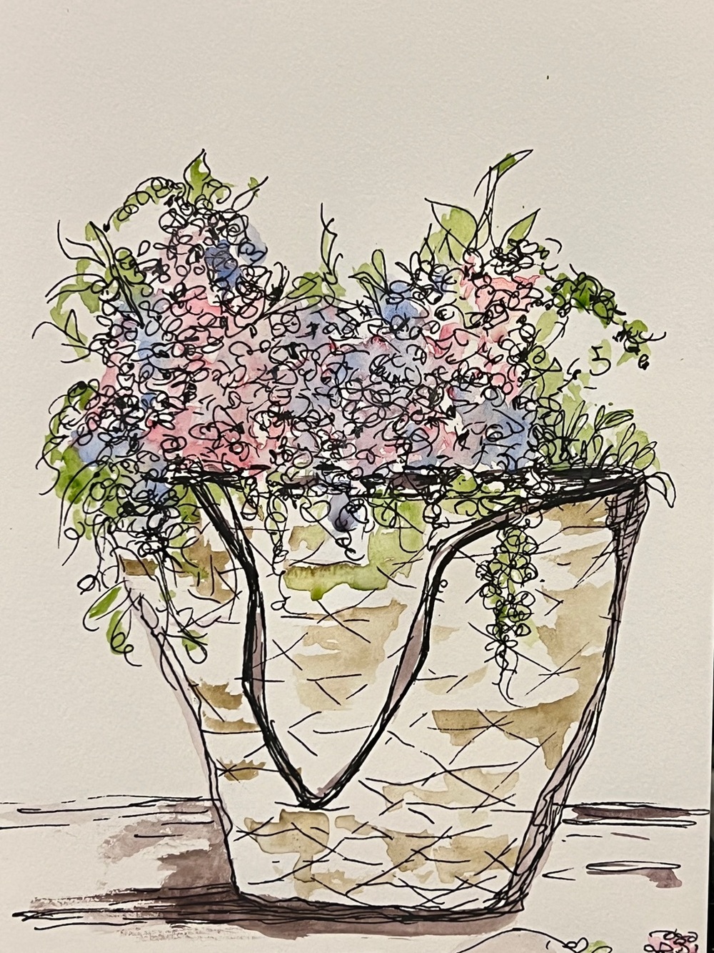 Watercolor Floral Basket Artwork — Pink & Blue Blooms